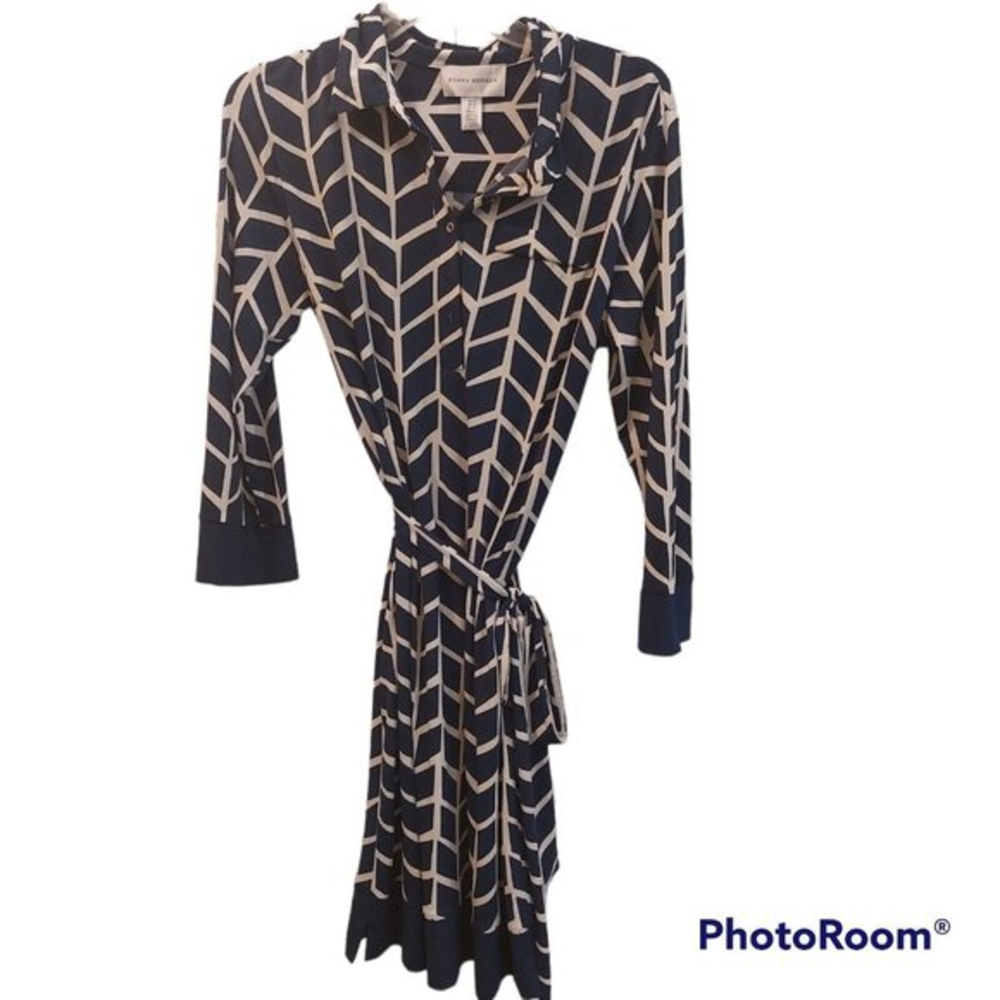 Donna Morgan Womens Blue White Print‎ Long Sleeve Dress with Belt Size 12 EUC